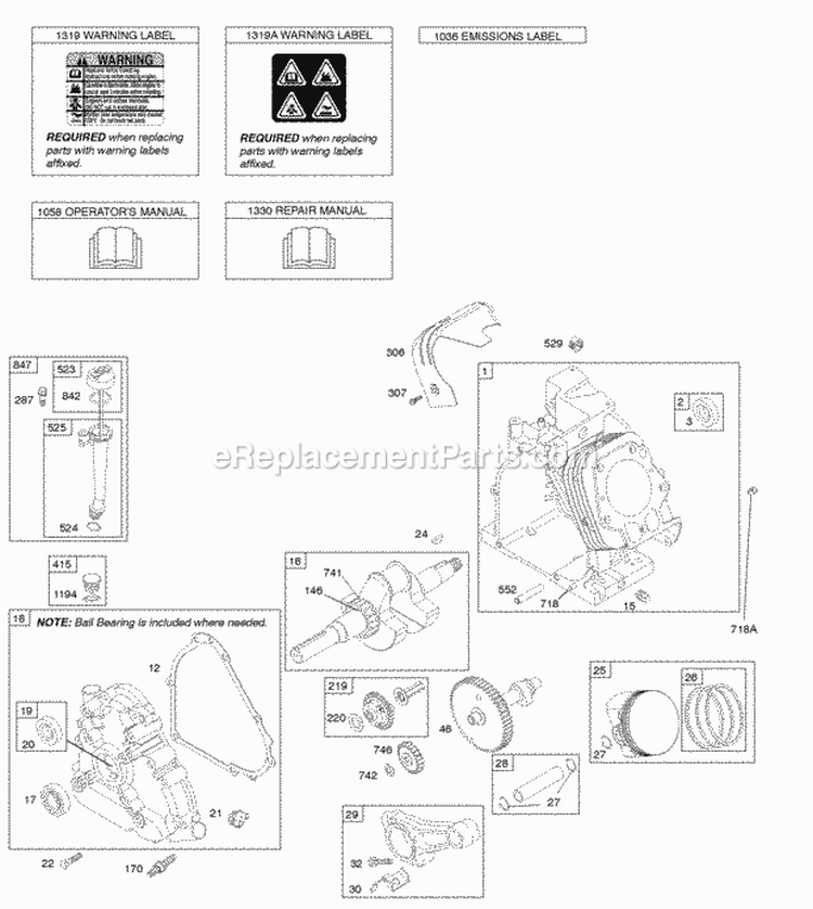 Camshaft Crankcase Cover Crankshaft Cylinder Lubrication OperatorS Manual PistonRingsConnecting Rod Warning Label Diagram and Parts List for 217302-0122-H1  Briggs and Stratton Engine